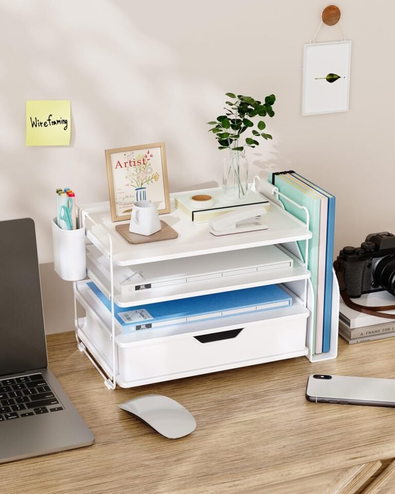 Kitsure Desk Organizer - 4-Tier Office Desk Accessories with Drawer & Pen Holder, Tool-Free Assembly Organizer with Non-Slip Pads, for Office Supplies Storage, Plastic, 13.3" x 8.0" x 10.8", White 4 Desk Organizer